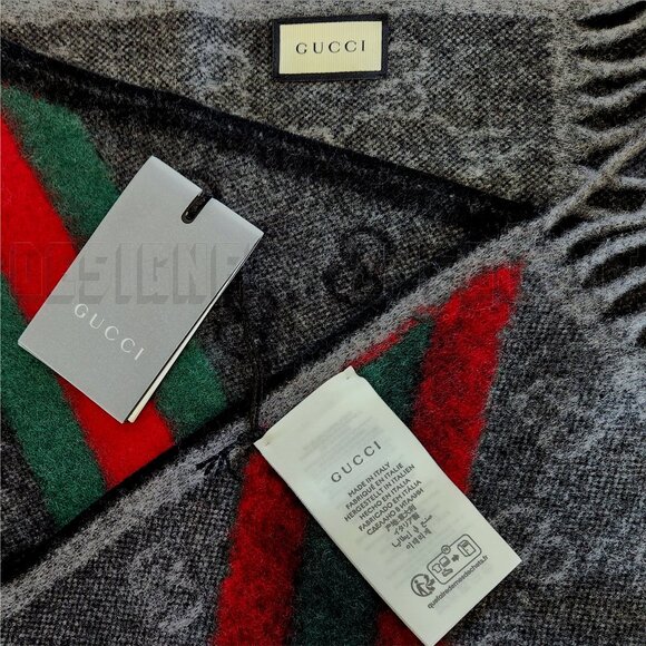 GUCCI charcoal & black GG green & red WEB detail NIKKY Angora blend fringe scarf - Picture 6 of 11
